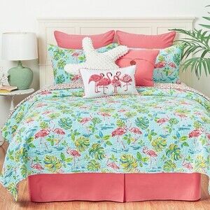 C&F Home Flamingo Tropical Reversible queen Quilt Bedspread Aqua Pink w/shams